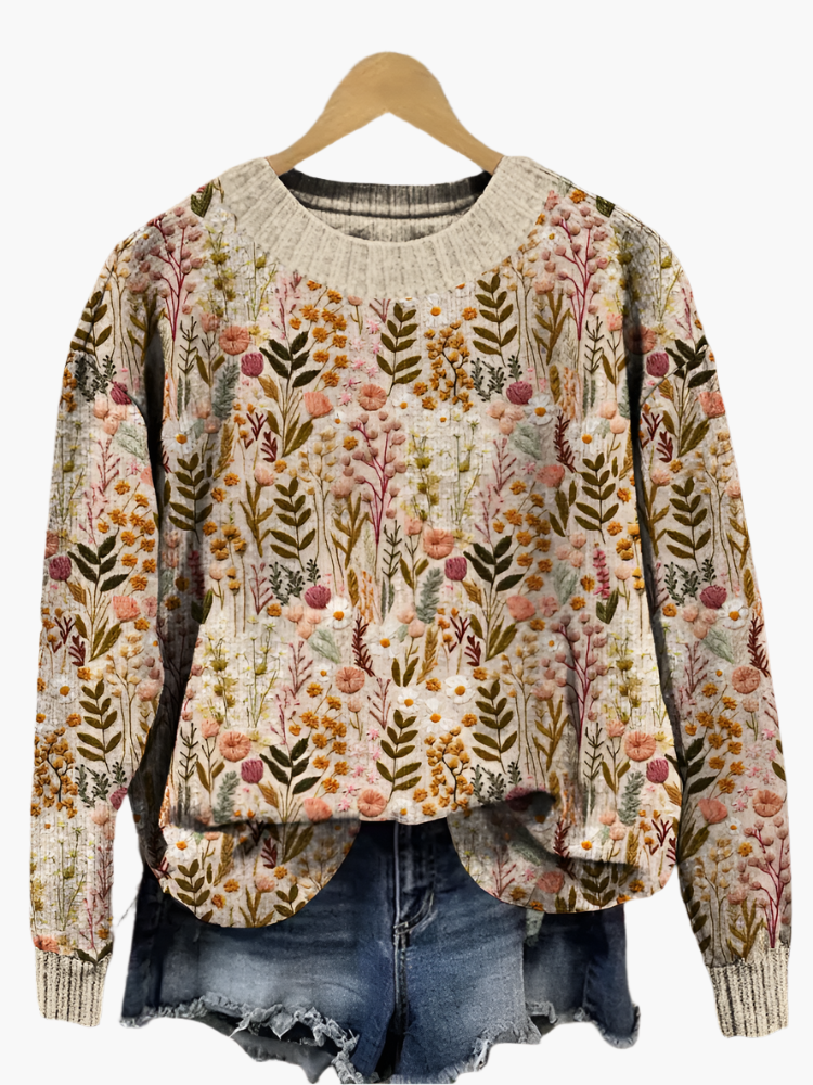 Women's Vintage Floral Pullover Sweater Casual Relaxed Fit