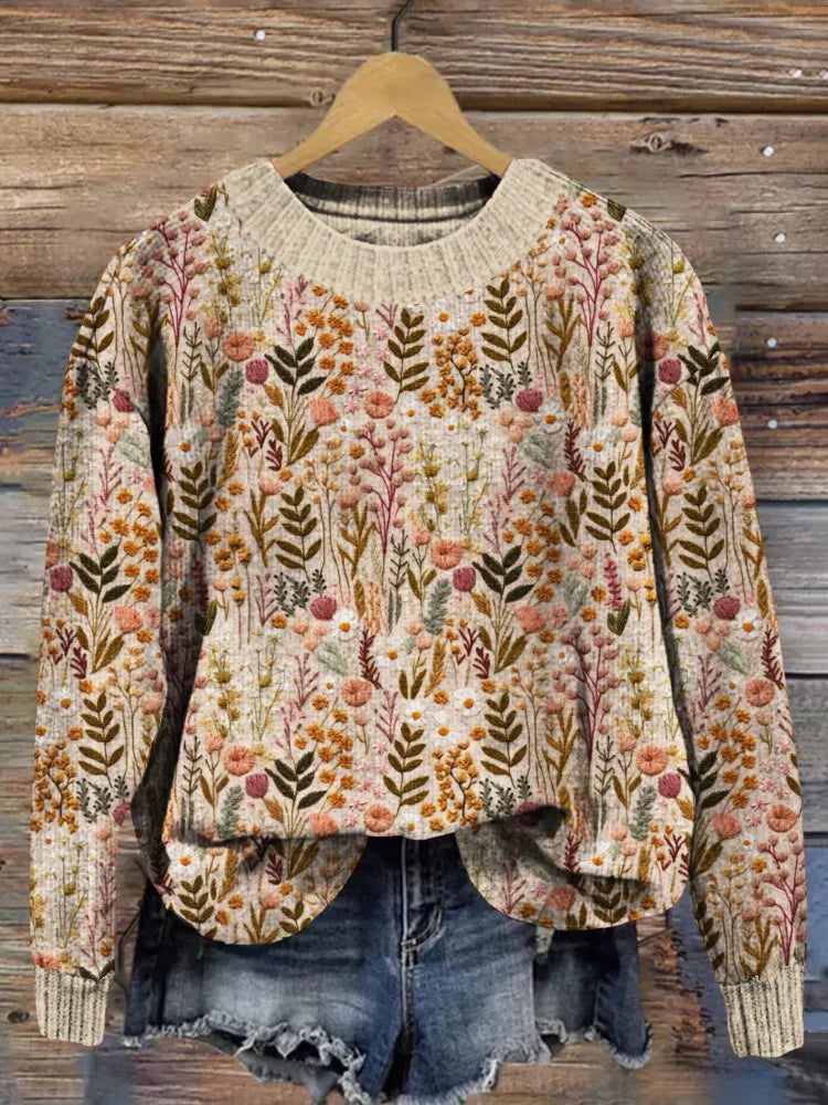 Women's Vintage Floral Pullover Sweater Casual Relaxed Fit