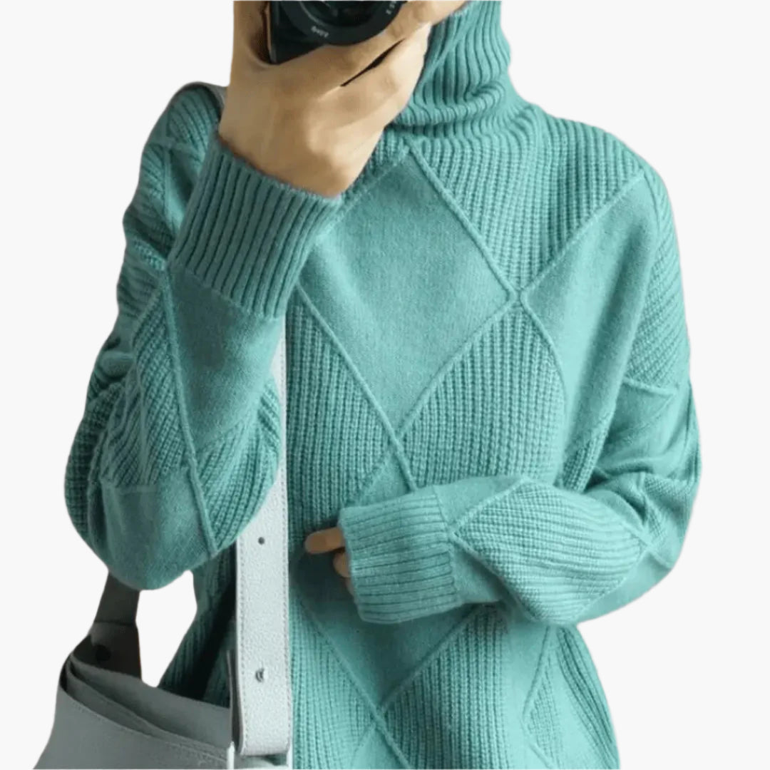 Women's Modern Diamond Pattern Turtleneck Knit Sweater - Trendy Casual Pullover