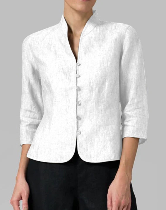 Women's Modern Mandarin Collar Blazer – Elegant 3/4 Sleeve Fitted Jacket for Business and Special Occasions