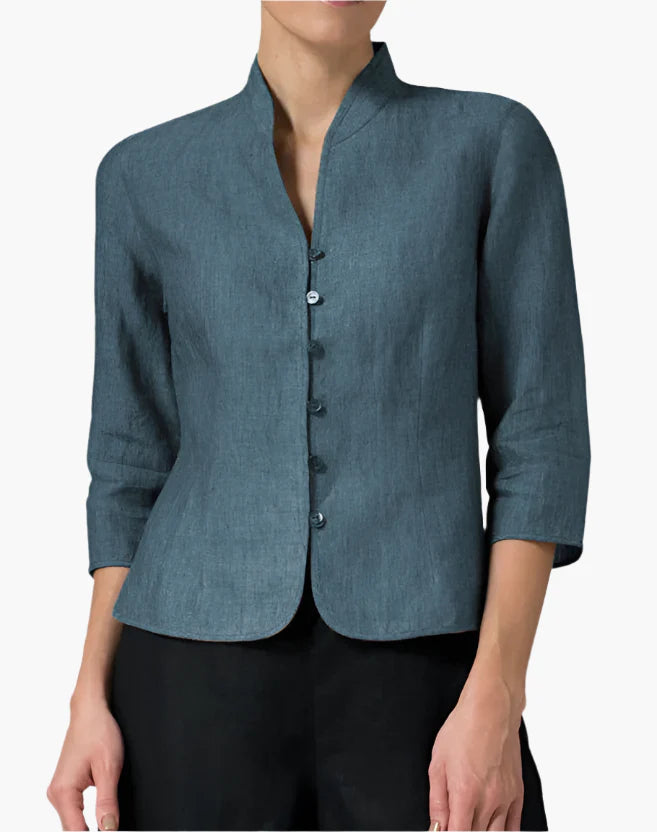 Women's Modern Mandarin Collar Blazer – Elegant 3/4 Sleeve Fitted Jacket for Business and Special Occasions
