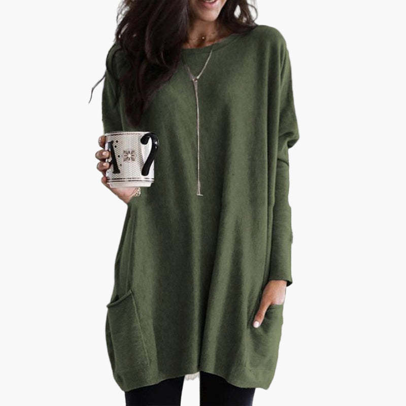 Women's Casual Long Pullover Sweater with Pockets, Relaxed Fit, Cozy Everyday Tunic Top