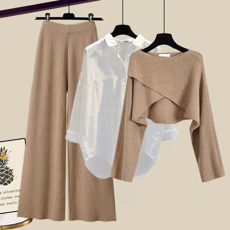 Women's 3-Piece Casual Office Layered Outfit Set – Relaxed Trousers, White Shirt & Asymmetric Knit Top