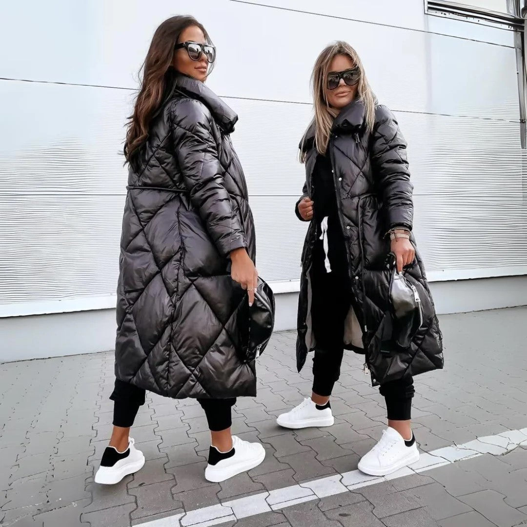 Women's Long Quilted Winter Parka with High Collar – Elegant Puffer Coat for Cold Weather