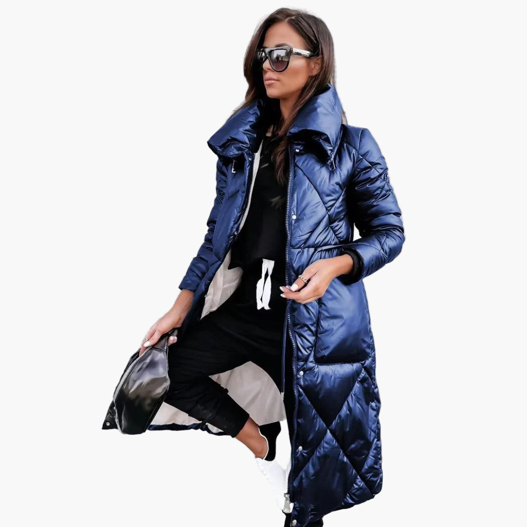 Women's Long Quilted Winter Parka with High Collar – Elegant Puffer Coat for Cold Weather