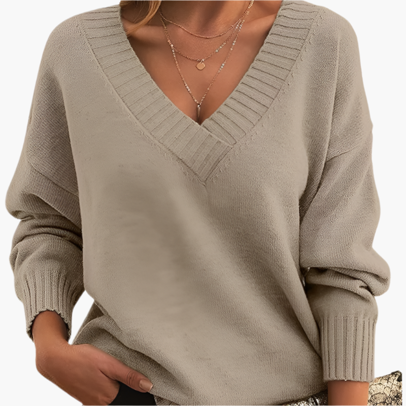 Women's Classic V-Neck Knit Sweater – Relaxed Fit, Long Sleeve, Everyday Style