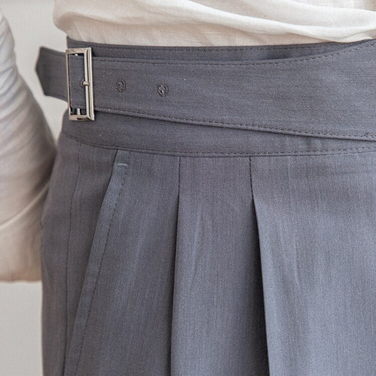 Men's High-Waisted Pleated Formal Trousers with Adjustable Side Buckle - Tailored Business and Occasion Pants
