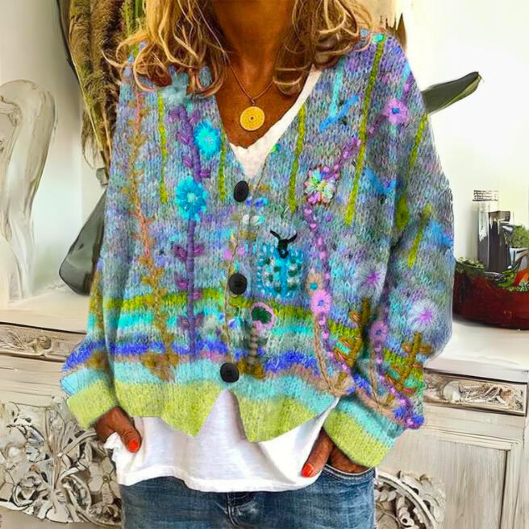 Women's Boho Artistic Floral Knit Cardigan Sweater - Cozy Loose Fit Statement Layer
