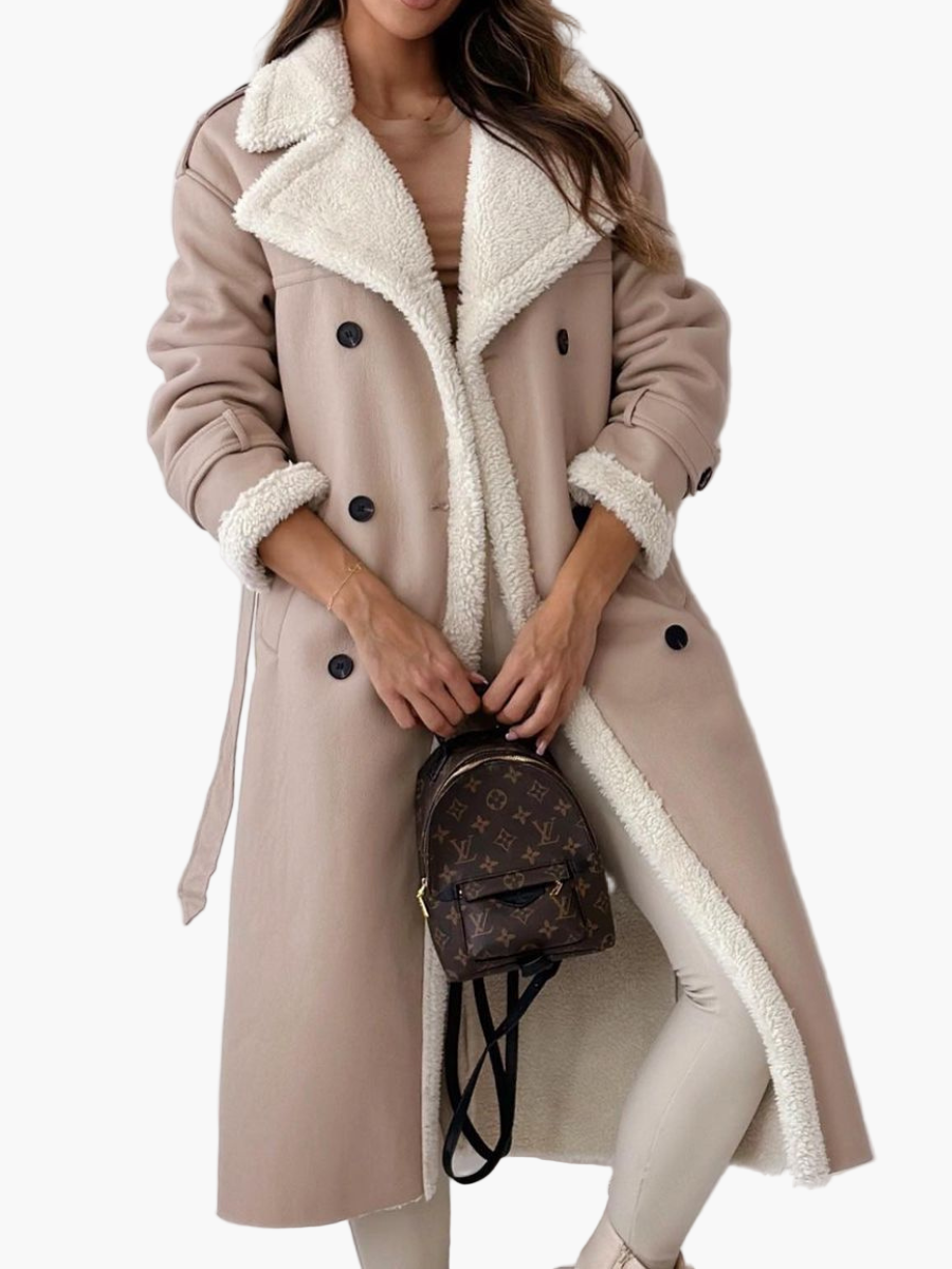 Women's Long Double-Breasted Trench Coat with Plush Teddy Collar – Elegant Winter Outerwear
