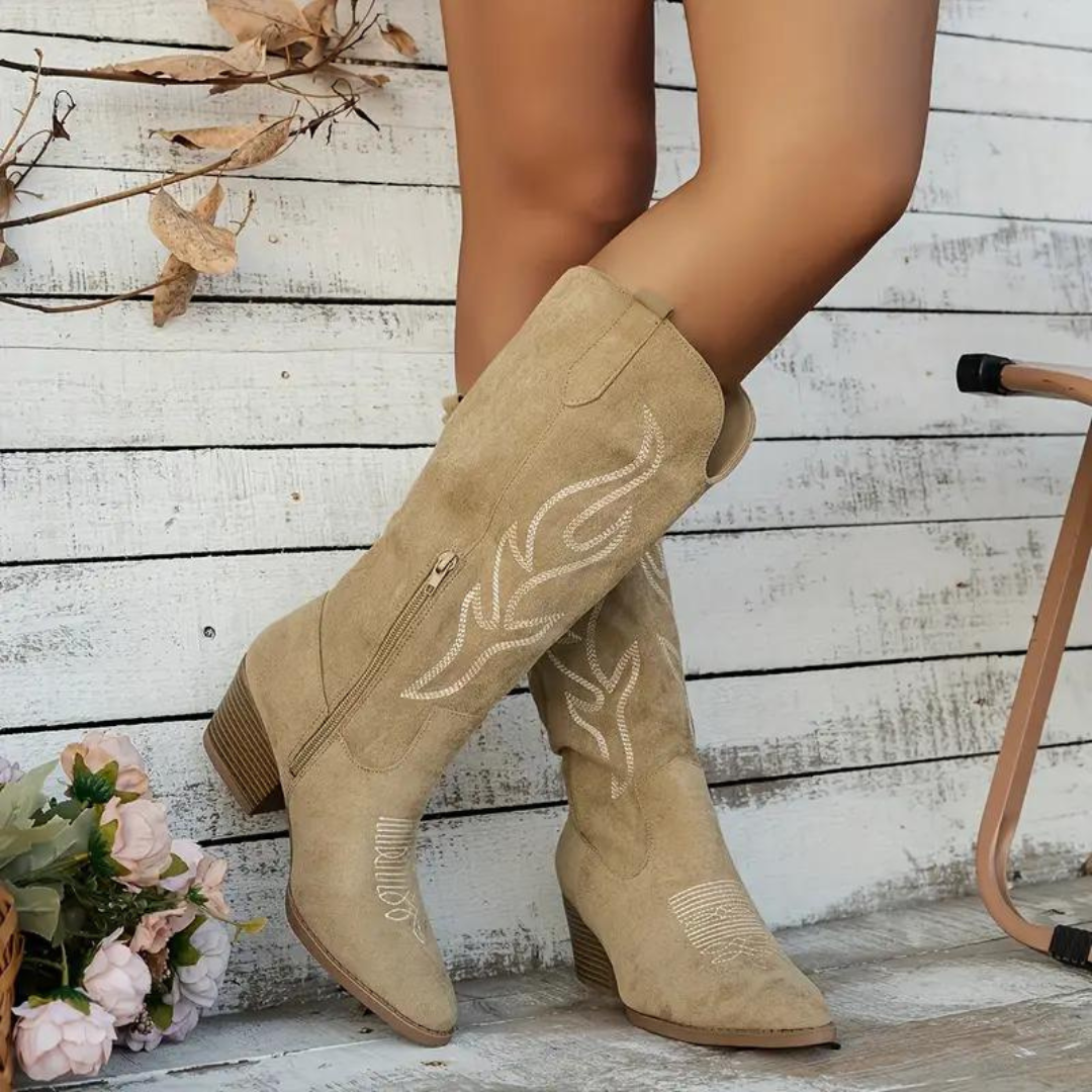 Women's Western Knee-High Cowboy Boots with Embroidered Detail – Fashion Block Heel Festival Boots