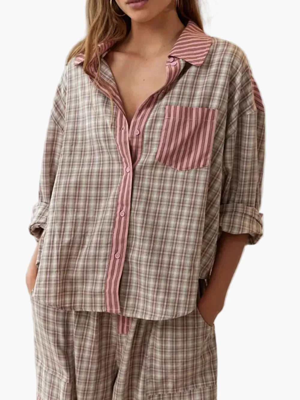 Women's Relaxed Fit Pajama Set with Plaid Accents – Casual Home & Sleepwear