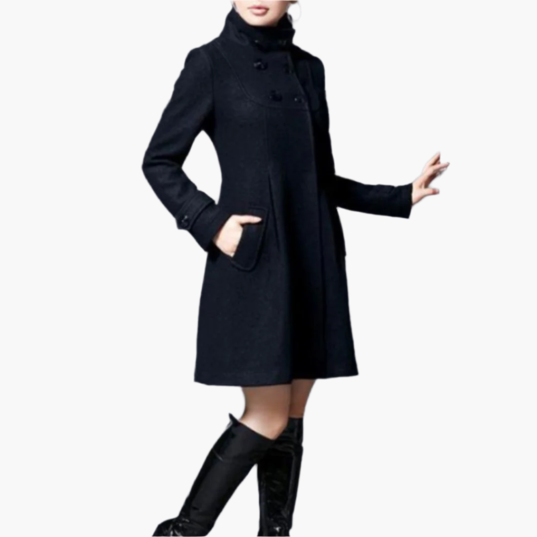 Women's Vintage A-Line Winter Coat with Hood and Double-Breasted Buttons - Elegant Warm Outerwear