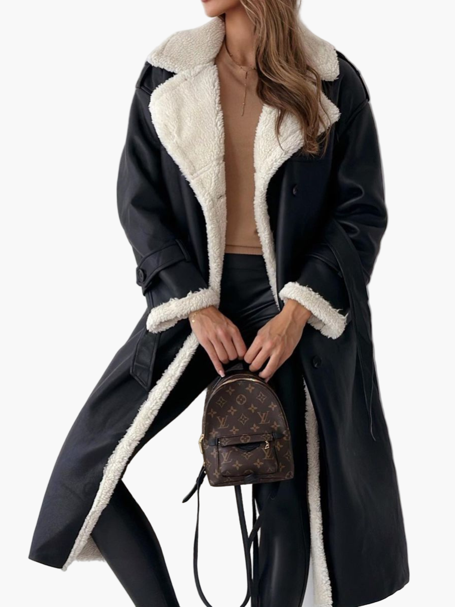 Women's Long Double-Breasted Trench Coat with Plush Teddy Collar – Elegant Winter Outerwear