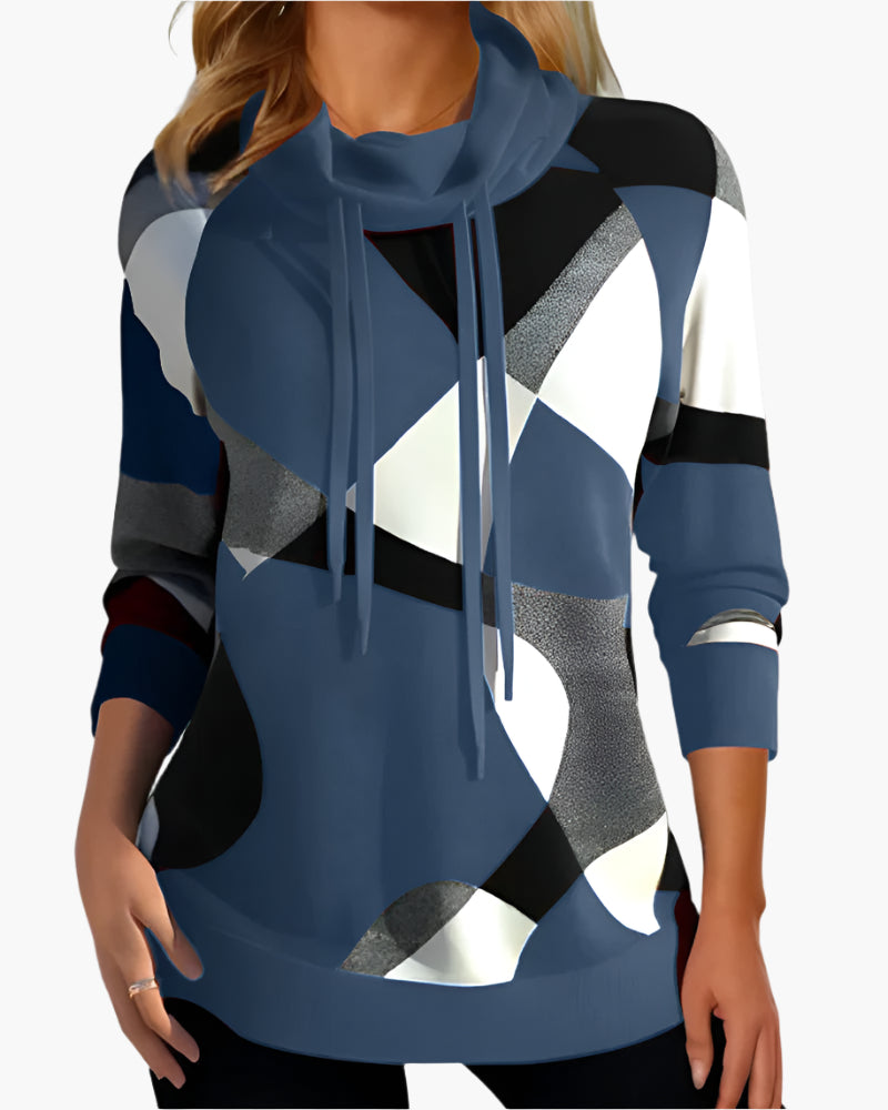 Women's Modern Graphic Print Cowl Neck Pullover Top – Casual Stylish Everyday Wear