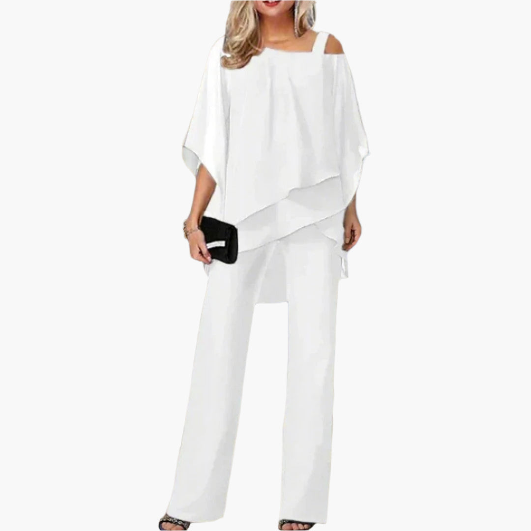 Women's Off-Shoulder Elegant Two-Piece Pants Set – Modern Asymmetric Tunic & Wide-Leg Trousers, Perfect for Parties and Formal Events