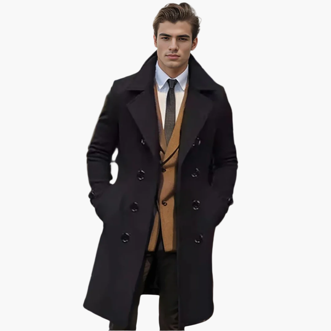 Men's Double-Breasted Classic Long Trench Coat – Tailored Formal & Business Outerwear