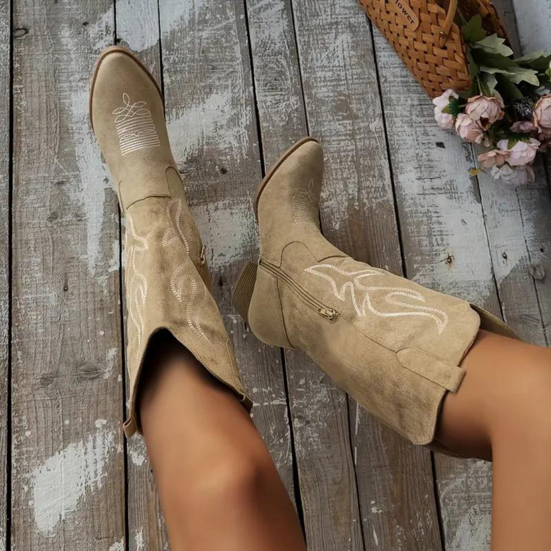 Women's Western Knee-High Cowboy Boots with Embroidered Detail – Fashion Block Heel Festival Boots