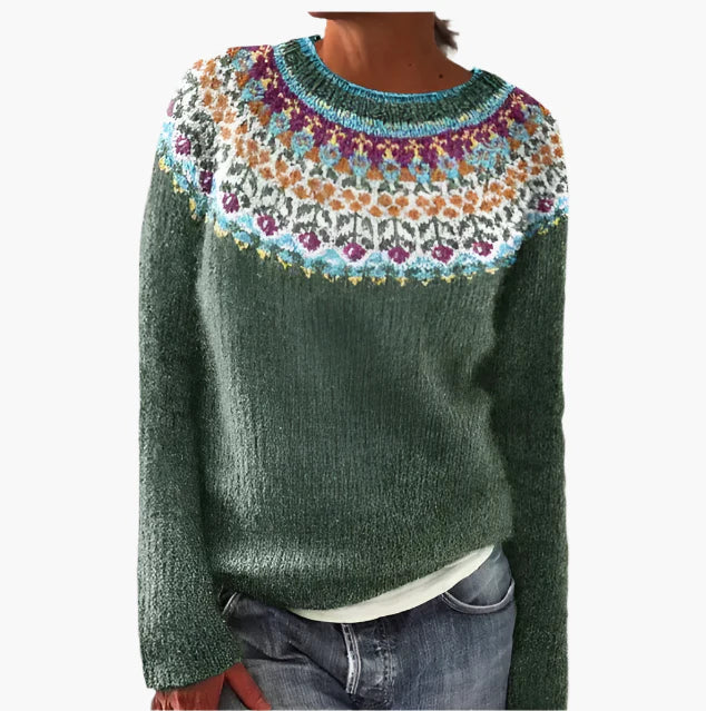 Women's Retro Boho Knit Pullover Sweater – Casual Fall Style for Everyday Comfort