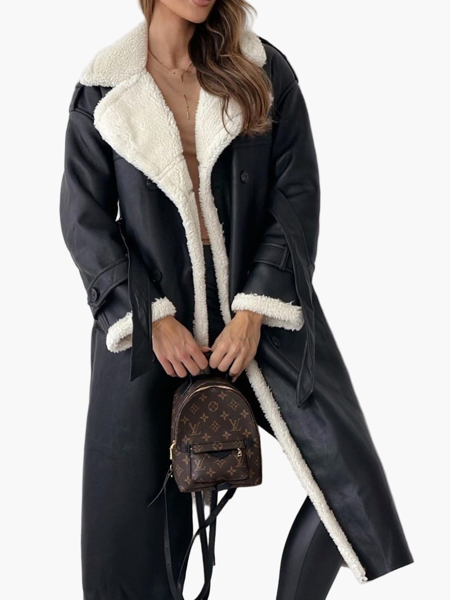 Women's Long Double-Breasted Trench Coat with Plush Teddy Collar – Elegant Winter Outerwear
