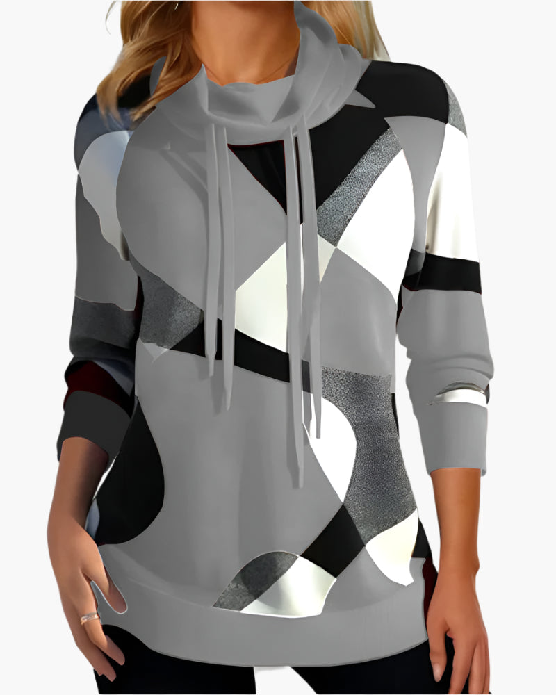 Women's Modern Graphic Print Cowl Neck Pullover Top – Casual Stylish Everyday Wear