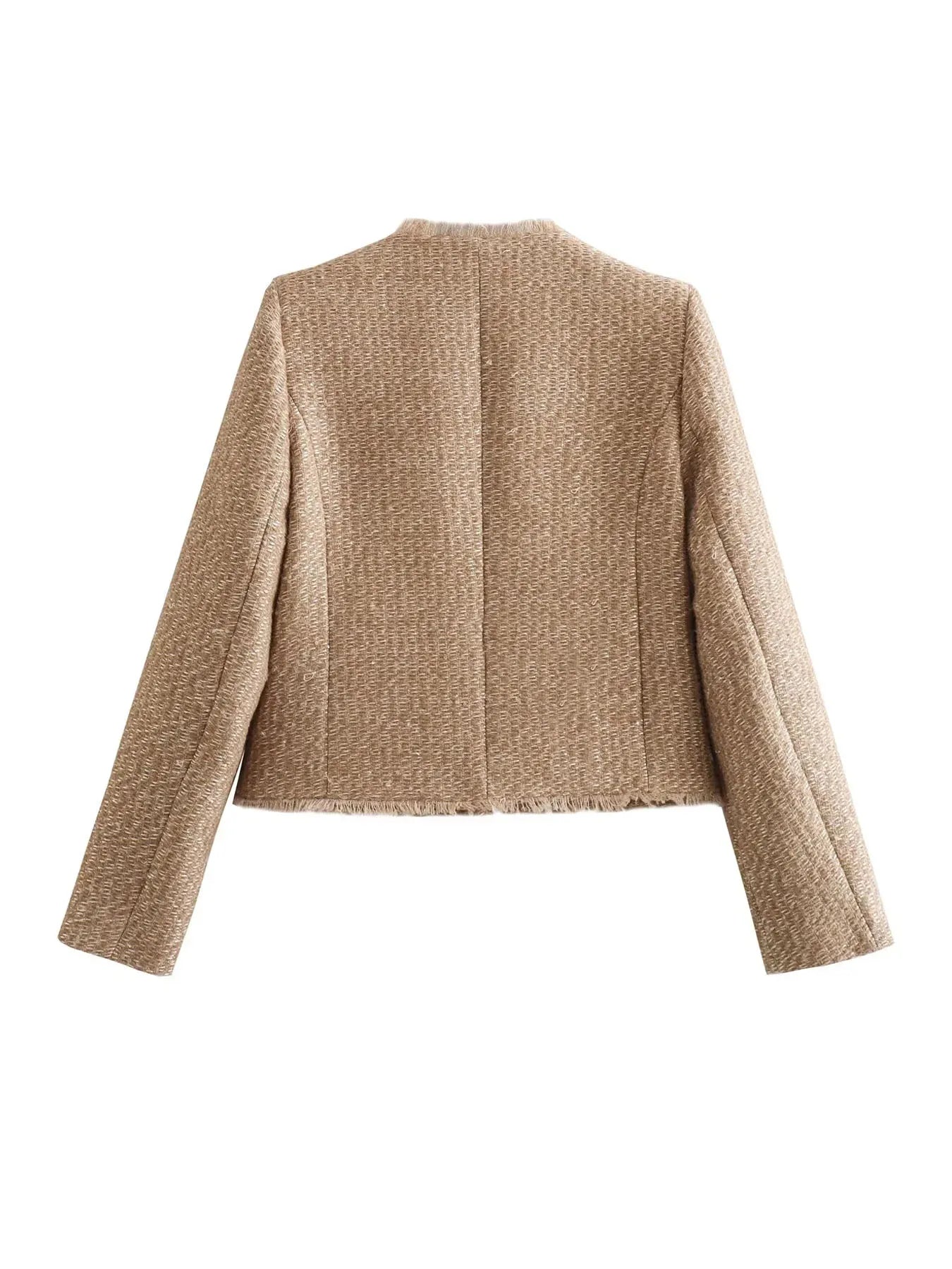 Women's Slim Fit Tweed Style Jacket with Decorative Buttons and Pockets – Elegant Office or Casual Wear