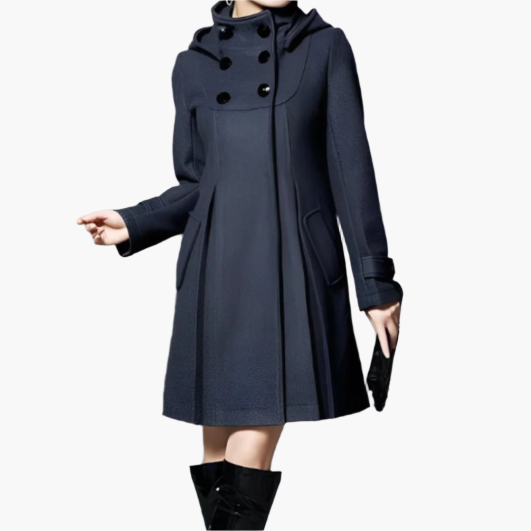 Women's Vintage A-Line Winter Coat with Hood and Double-Breasted Buttons - Elegant Warm Outerwear