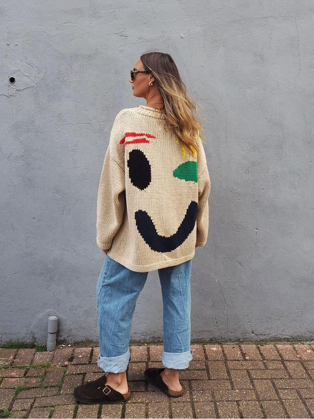 Women's Playful Abstract Face Knit Sweater - Feel-Good Statement Casual Pullover