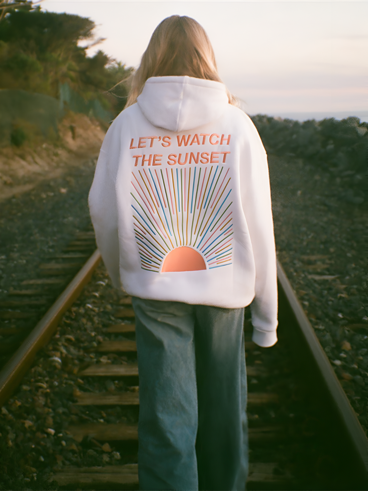 Women's Oversized Hoodie with Sunset Print and Slogan – Casual Relaxed Fit Pullover