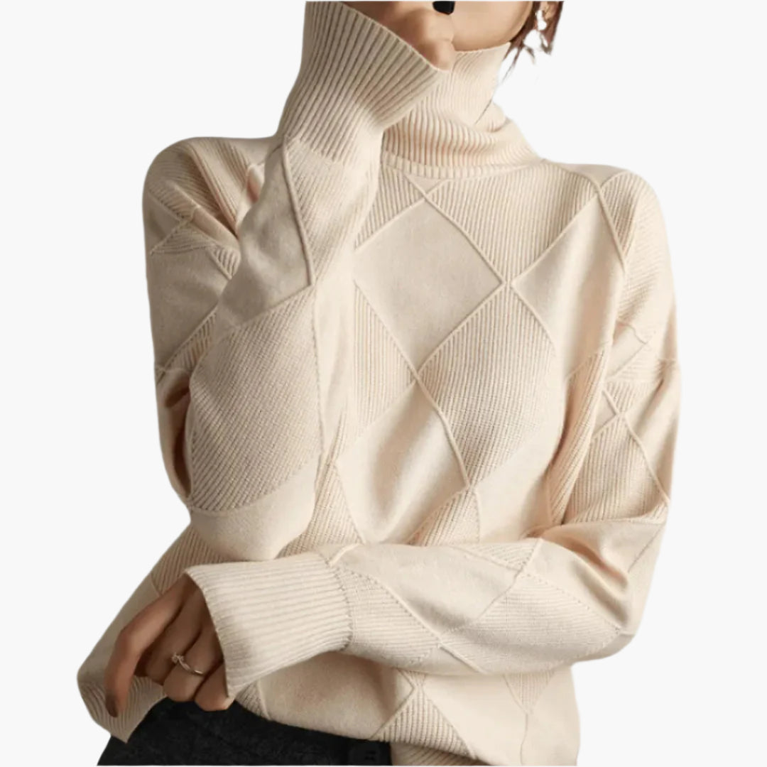 Women's Modern Diamond Pattern Turtleneck Knit Sweater - Trendy Casual Pullover