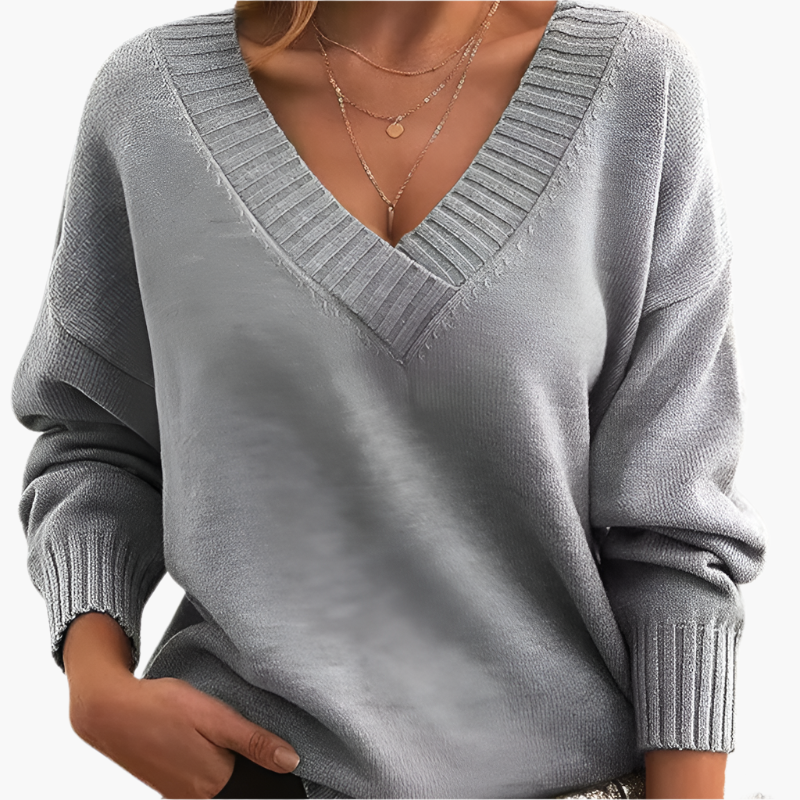 Women's Classic V-Neck Knit Sweater – Relaxed Fit, Long Sleeve, Everyday Style