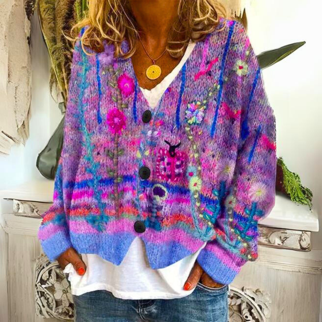 Women's Boho Artistic Floral Knit Cardigan Sweater - Cozy Loose Fit Statement Layer