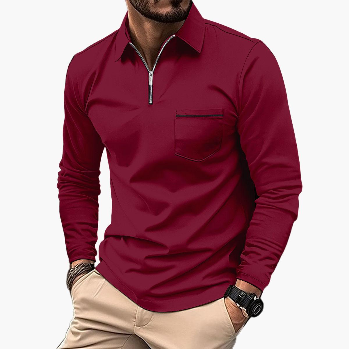 Men's Long Sleeve Polo Shirt with Chest Pocket and Zipper – Classic Modern Business Casual Top
