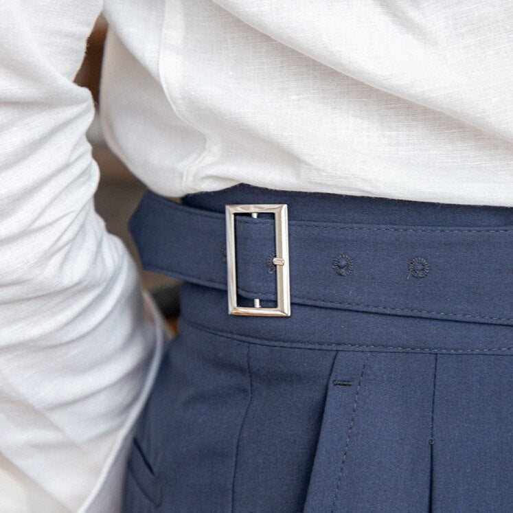Men's High-Waisted Pleated Formal Trousers with Adjustable Side Buckle - Tailored Business and Occasion Pants
