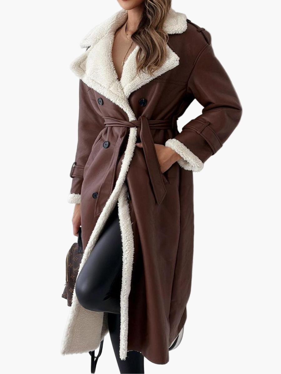 Women's Long Double-Breasted Trench Coat with Plush Teddy Collar – Elegant Winter Outerwear
