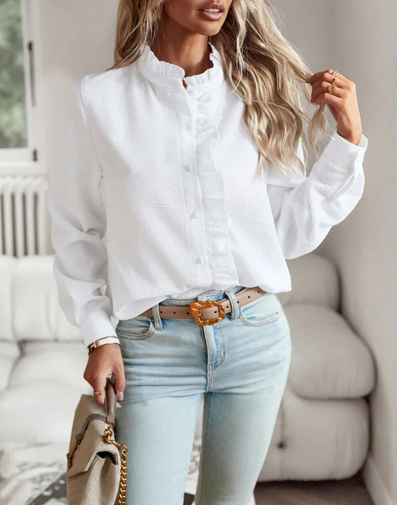 Women's Ruffle Button-Down Blouse Elegant Casual Office Style