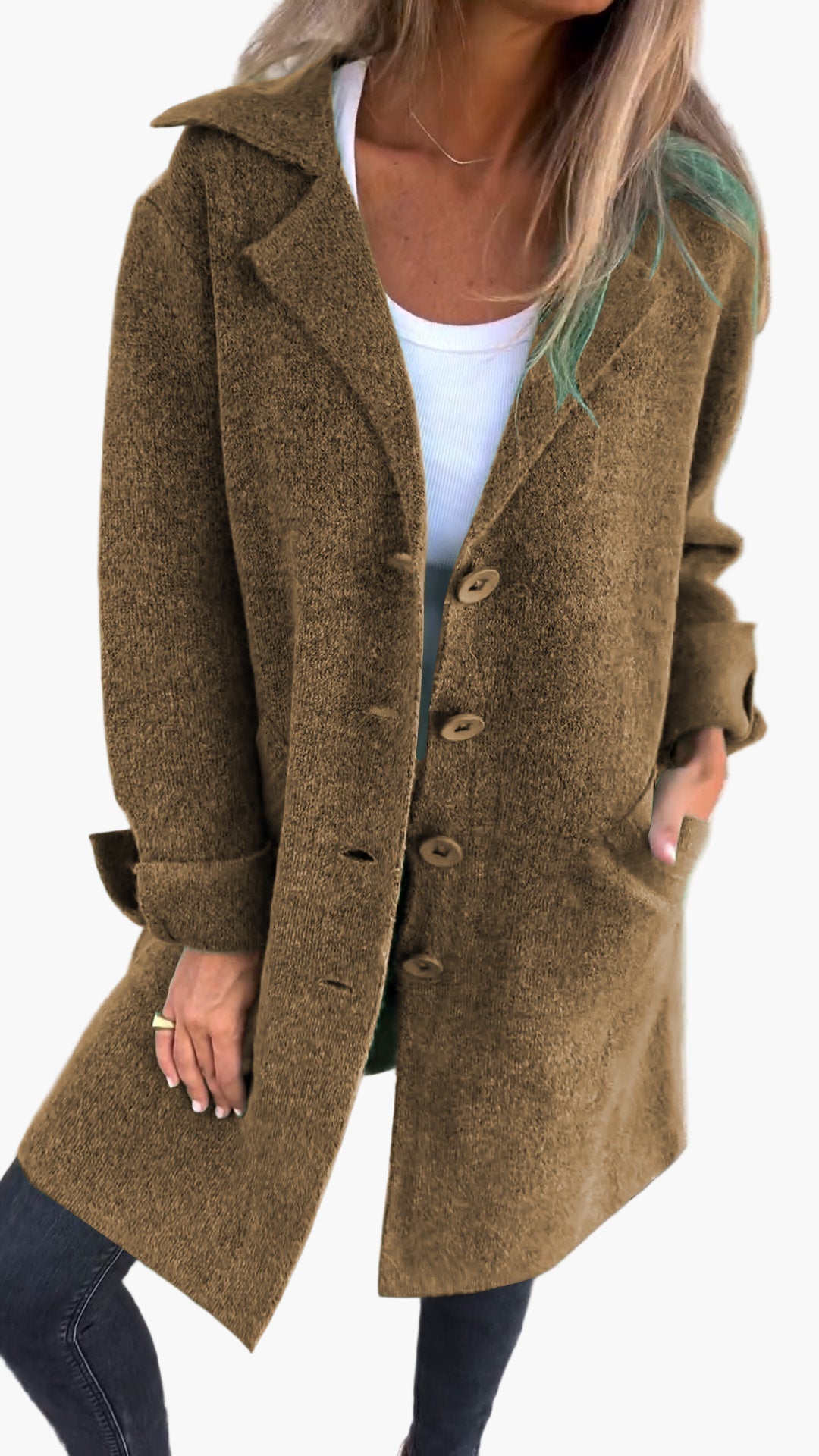 Women's Casual Long Lapel Coat with Turn-Up Sleeves – Trendy Everyday Outerwear