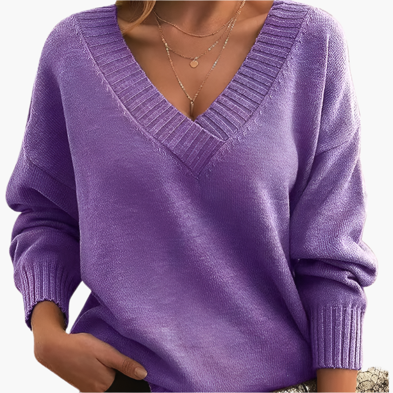 Women's Classic V-Neck Knit Sweater – Relaxed Fit, Long Sleeve, Everyday Style