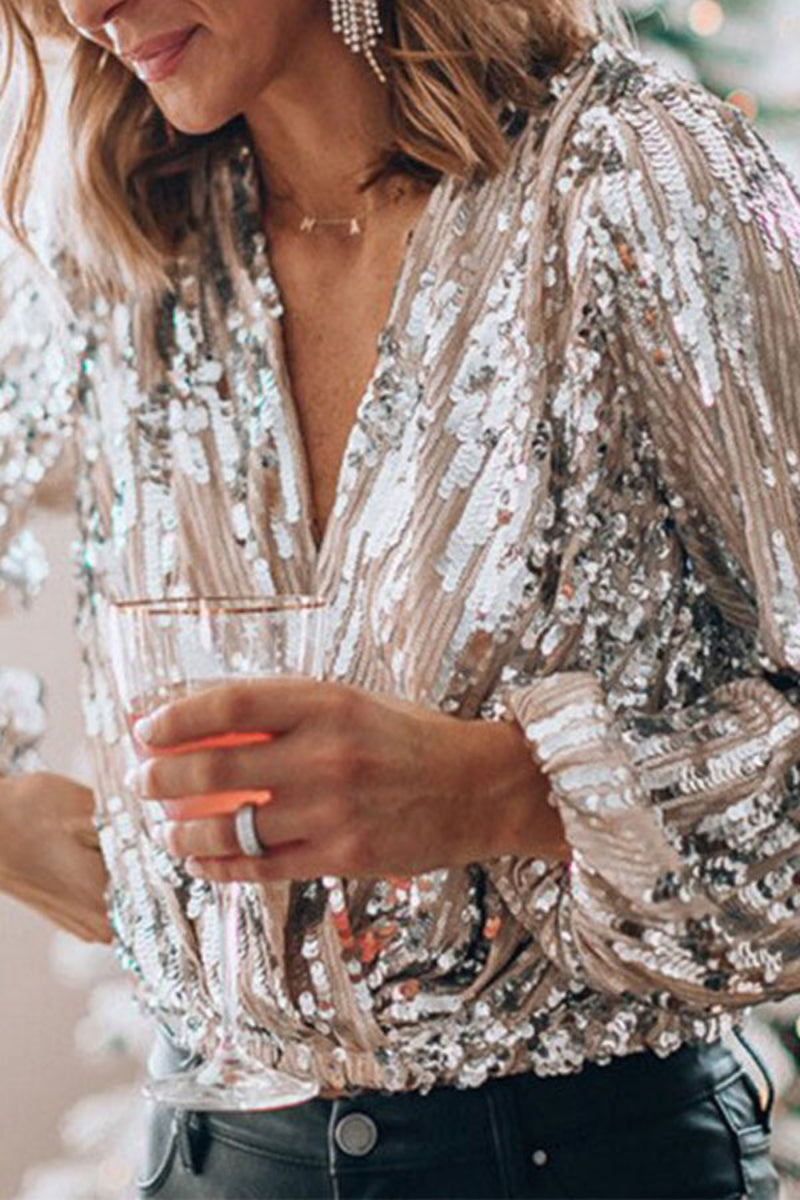 Women's Sequin Wrap Blouse Elegant Party Vintage Style
