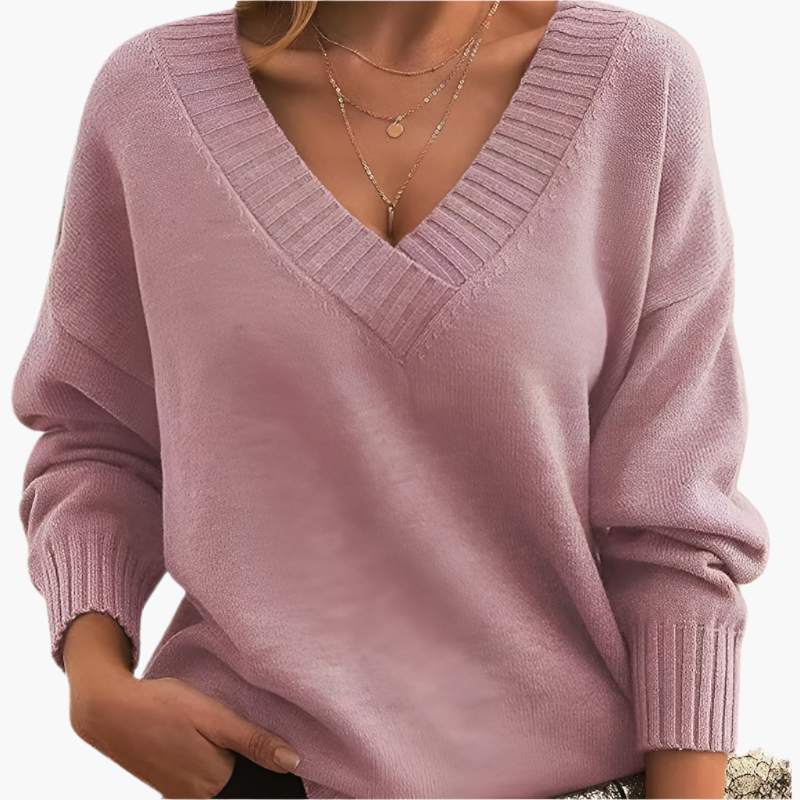 Women's Classic V-Neck Knit Sweater – Relaxed Fit, Long Sleeve, Everyday Style