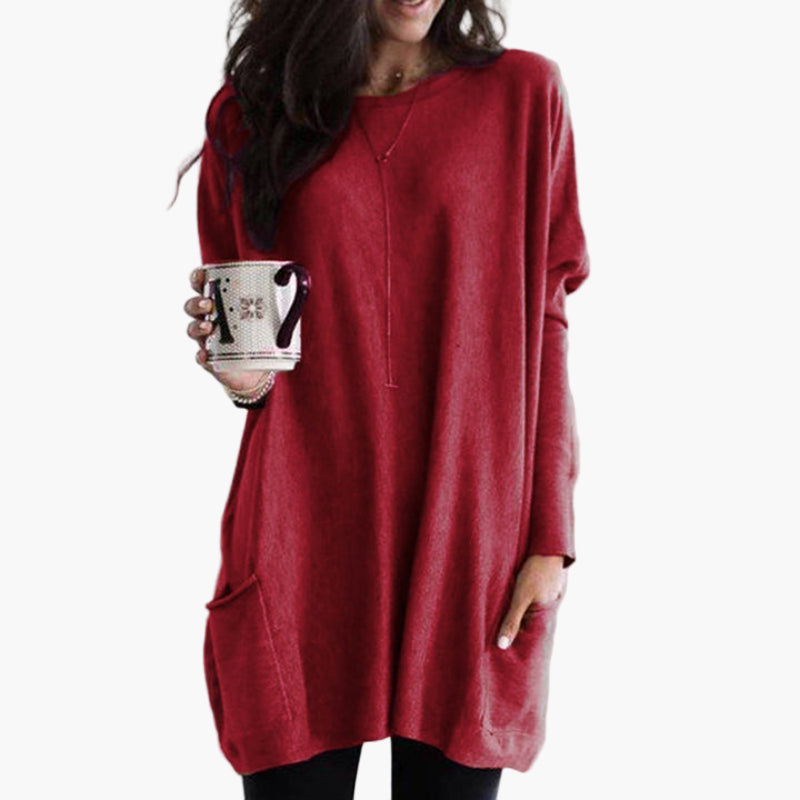 Women's Casual Long Pullover Sweater with Pockets, Relaxed Fit, Cozy Everyday Tunic Top