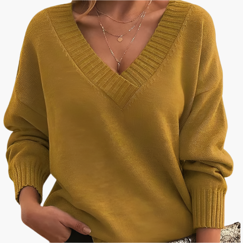 Women's Classic V-Neck Knit Sweater – Relaxed Fit, Long Sleeve, Everyday Style