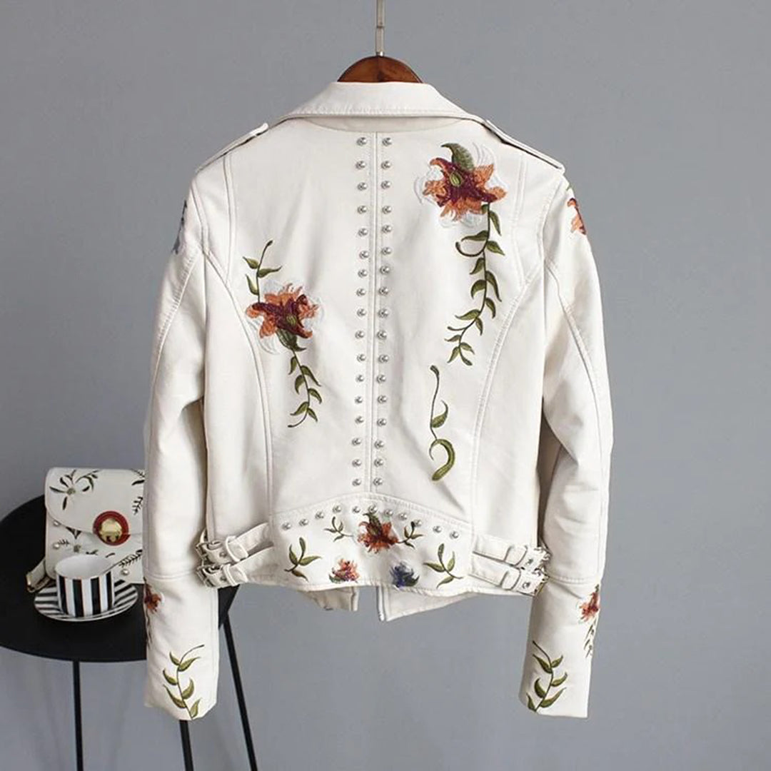 Women's Floral Embroidered Biker Jacket - Fashion Statement for Everyday and Special Occasions