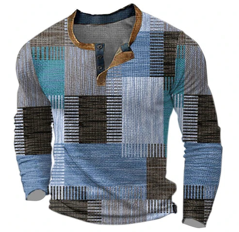 Men's Patchwork Henley Long Sleeve Shirt Casual Modern Style
