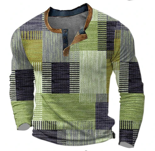 Men's Patchwork Henley Long Sleeve Shirt Casual Modern Style