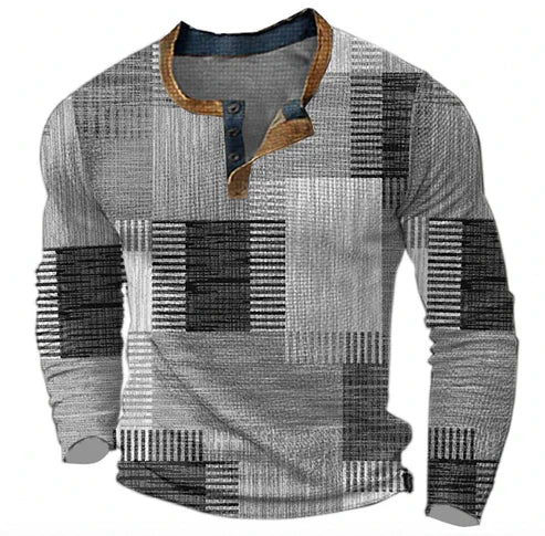 Men's Patchwork Henley Long Sleeve Shirt Casual Modern Style
