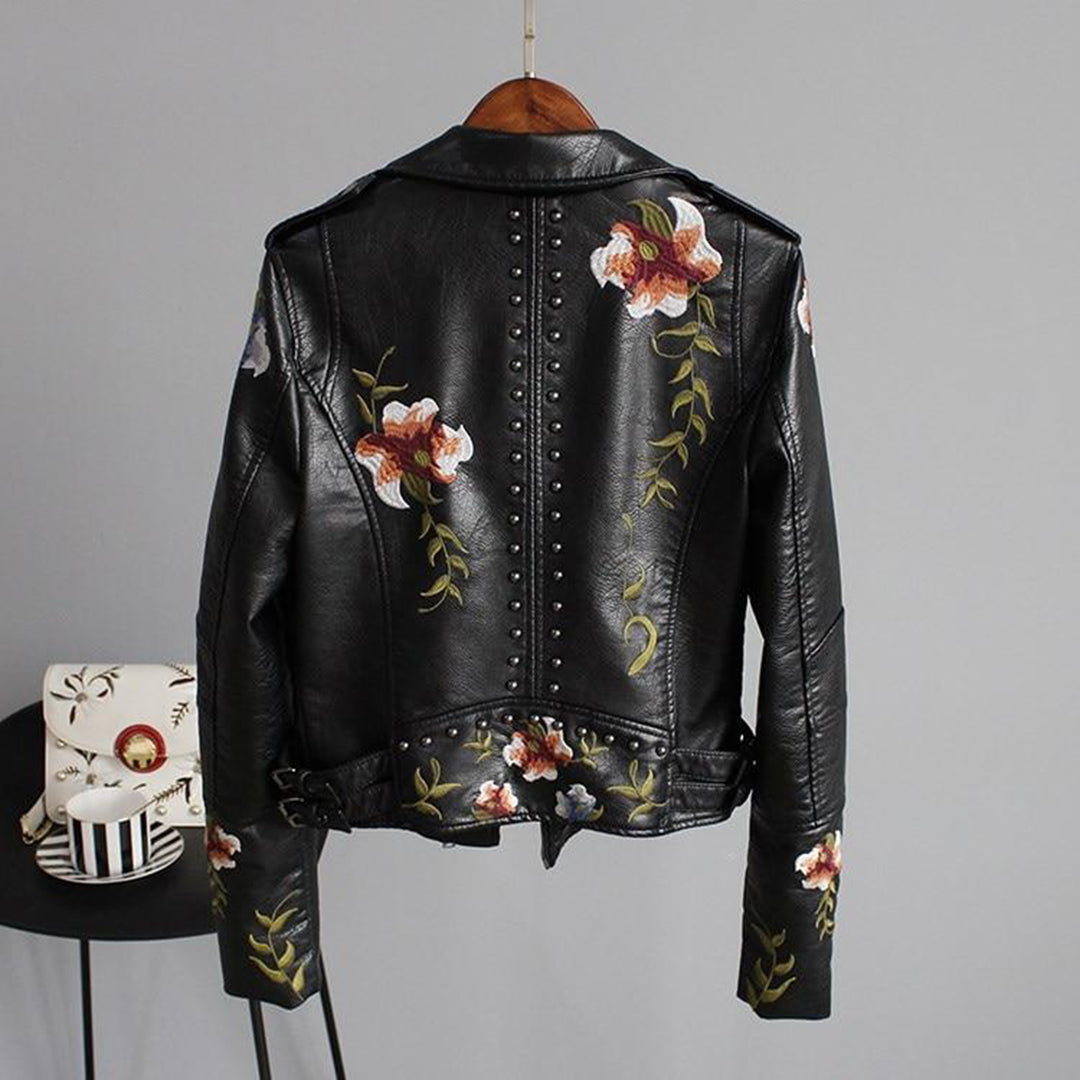 Women's Floral Embroidered Biker Jacket - Fashion Statement for Everyday and Special Occasions