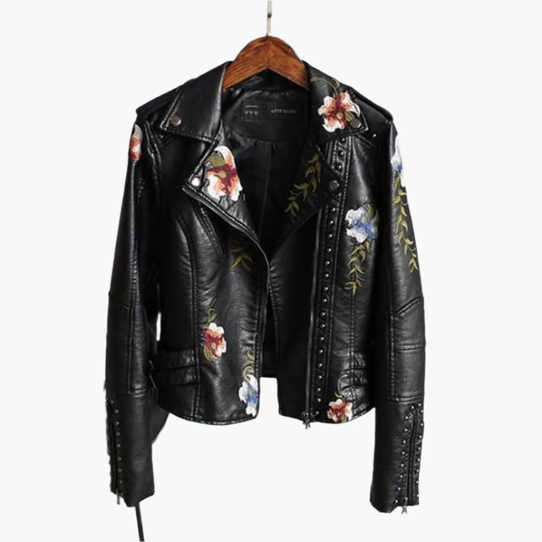 Women's Floral Embroidered Biker Jacket - Fashion Statement for Everyday and Special Occasions
