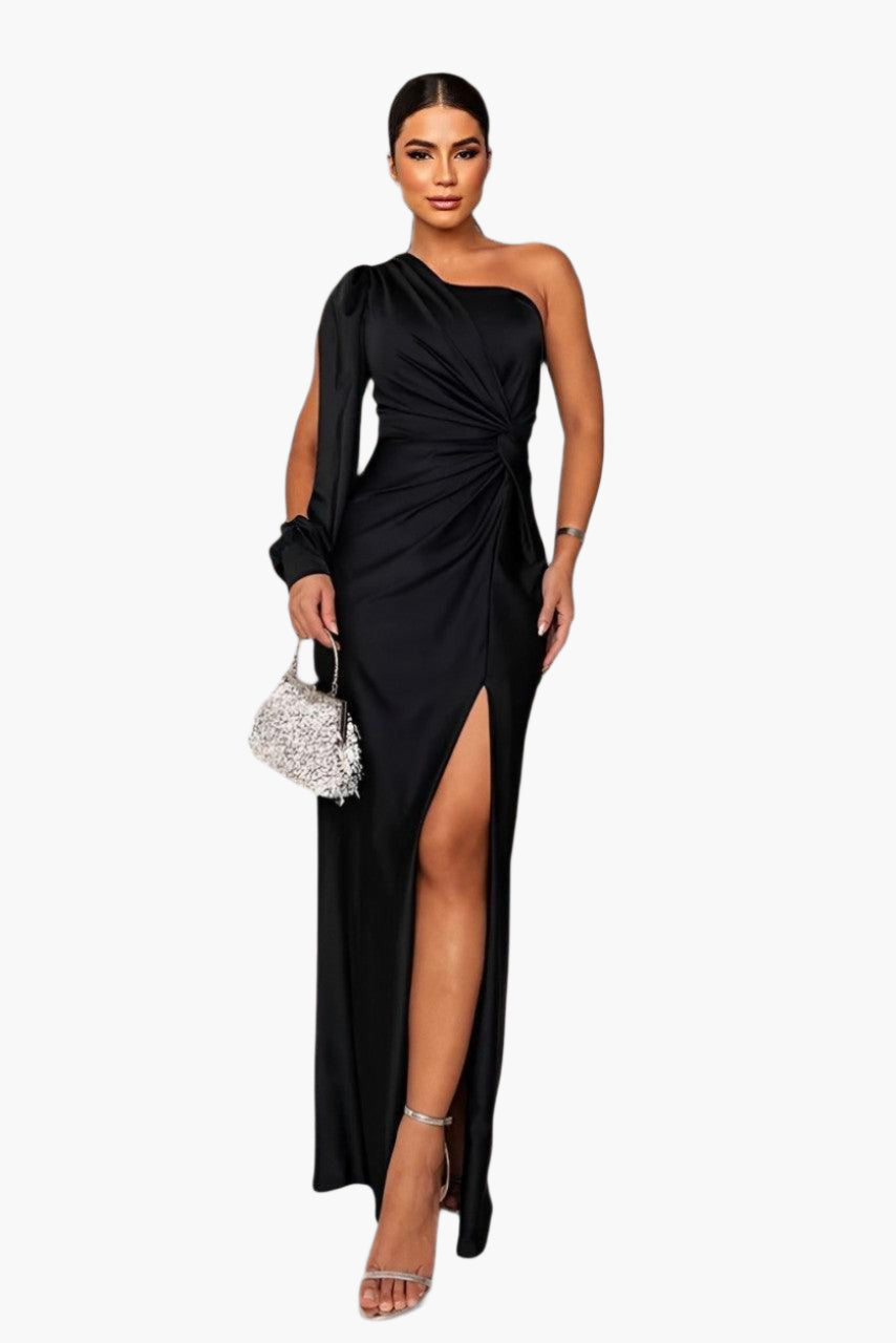 Women's One-Shoulder Evening Dress Elegant Party Gown with Waist Draping and Side Slit