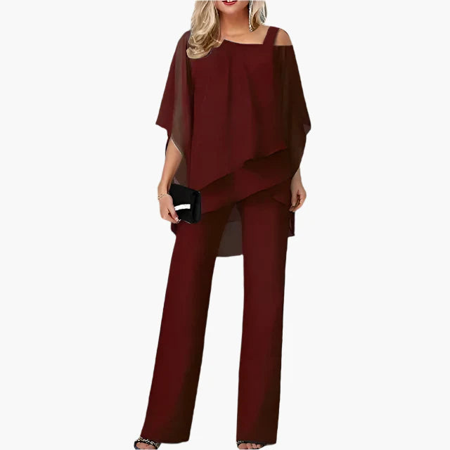Women's Off-Shoulder Elegant Two-Piece Pants Set – Modern Asymmetric Tunic & Wide-Leg Trousers, Perfect for Parties and Formal Events