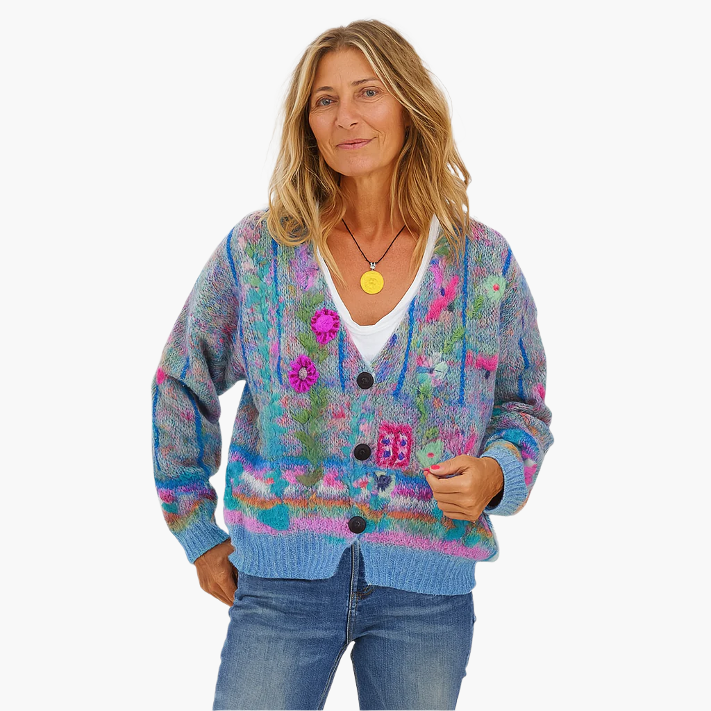 Women's Boho Artistic Floral Knit Cardigan Sweater - Cozy Loose Fit Statement Layer